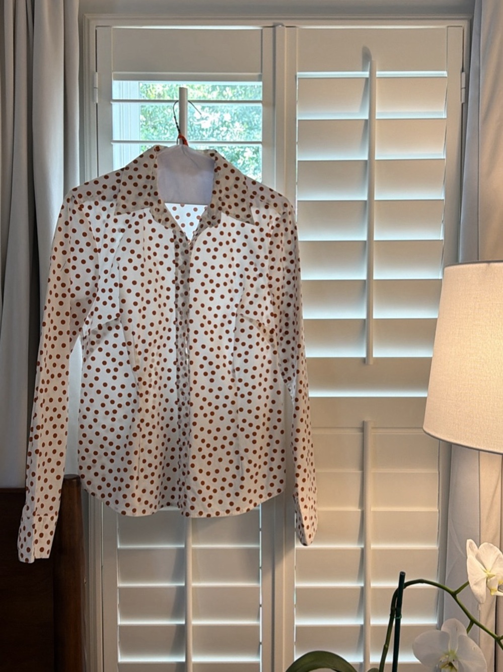 Boden White Blouse with Rust Polka Dots